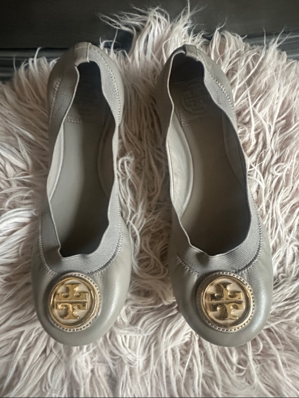 Tory Burch Taupe Leather Logo Ballet Flats with Gold Emblem